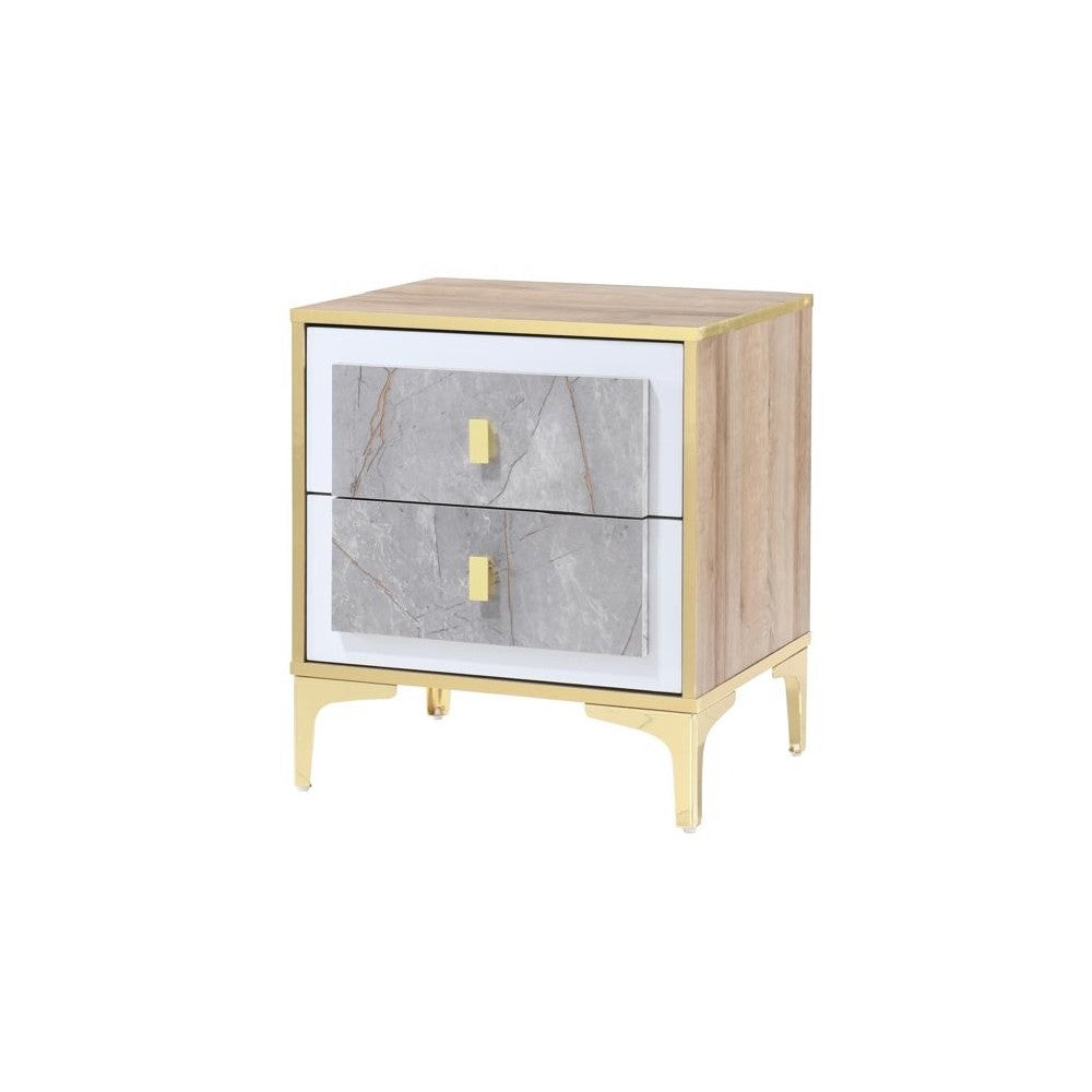 Noptiera Nero cu 2 sertare, culoare Marmura + Aur, 50x41x57cm